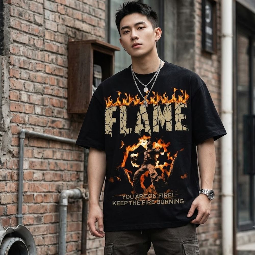 Áo Thun Form Big Boxy '' VEQISTU FLAME '' Cotton 100% Local Brand Unisex Cổ Tròn