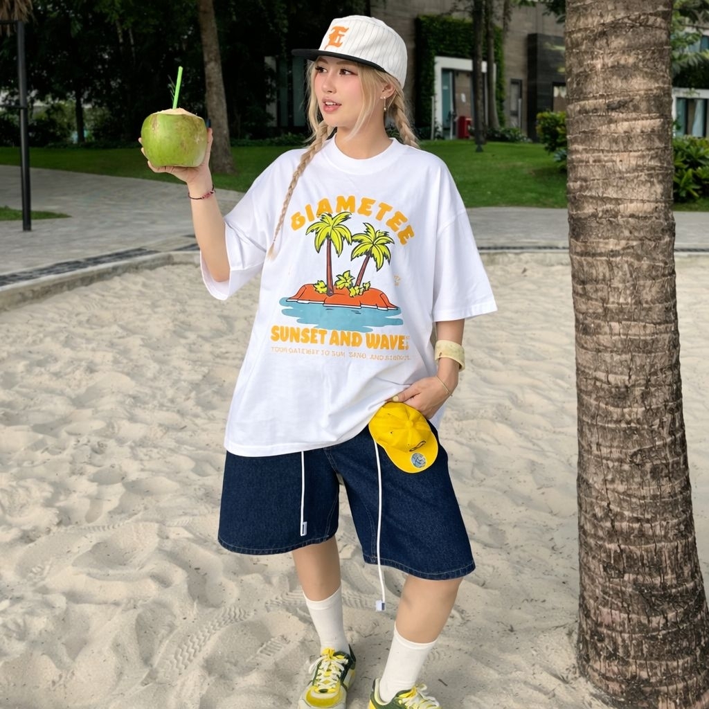 Áo Thun BOXY Local Brand VEQISTU "Áo Đi Biển Mùa Hè", Áo Thun Boxy Form Rộng Unisexm Nam Nữ Cổ Tròn 250Gsm 100% Cotton