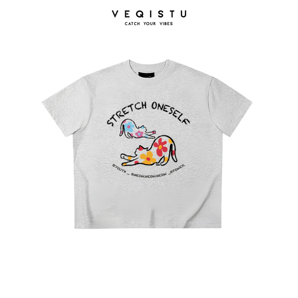 Áo thun BOXY Local Brand VEQISTU "Mèo Hoa" Áo Thun Boxy Form Rộng Unisex Nam Nữ Tay Ngắn  250Gsm Cotton