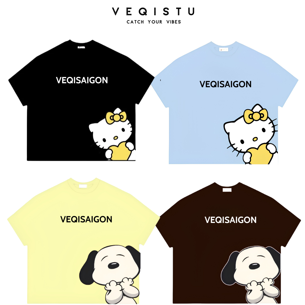 Áo thun BOXY Local Brand VEQISTU "Mèo Kitty + Snoopy" Áo Thun Boxy Form Rộng Unisex 250Gsm Cotton
