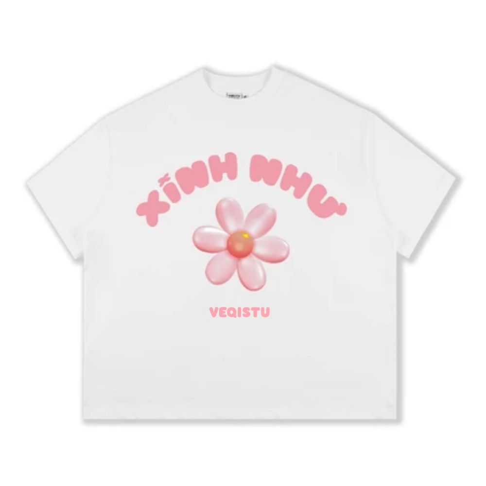 Áo Thun Local Brand VEQISTU " Xinh Như Hoa ", Áo Thun Boxy Form Rộng Unisex Nam Nữ 250Gsm 100% Cotton 2 Chiều