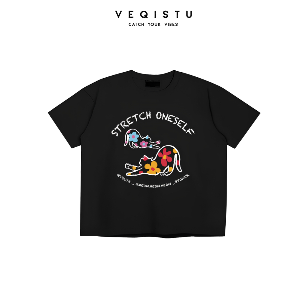 Áo thun BOXY Local Brand VEQISTU "Mèo Hoa" Áo Thun Boxy Form Rộng Unisex Nam Nữ Tay Ngắn  250Gsm Cotton