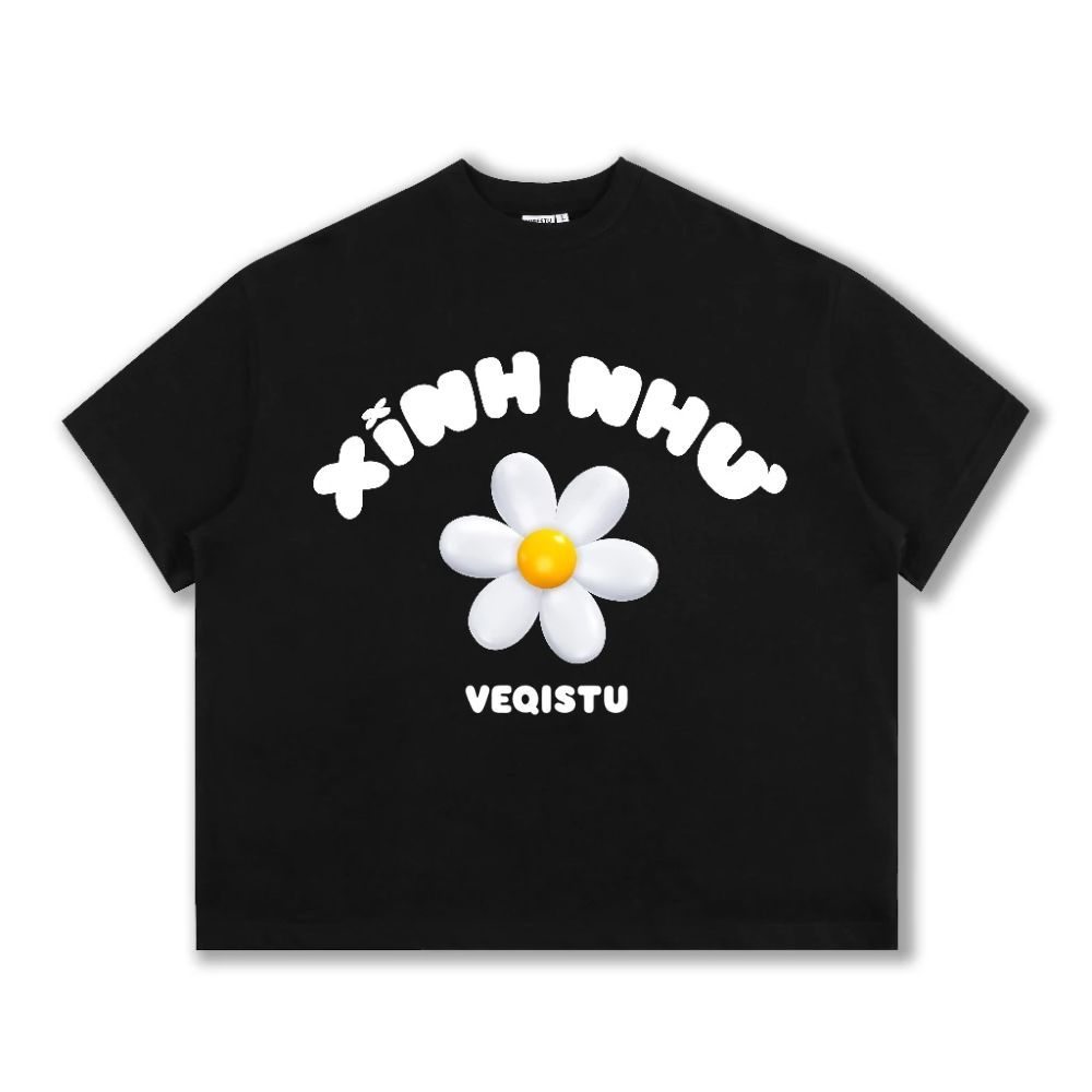 Áo Thun Local Brand VEQISTU " Xinh Như Hoa ", Áo Thun Boxy Form Rộng Unisex Nam Nữ 250Gsm 100% Cotton 2 Chiều