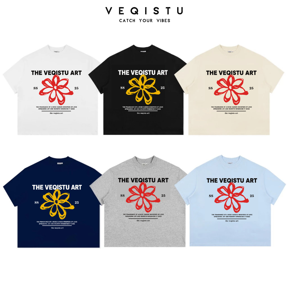 Áo Thun Local Brand VEQISTU" Flower SS25 " Áo Thun Boxy Form Rộng Unisex Cổ Tròn Nam Nữ 250Gsm Cotton